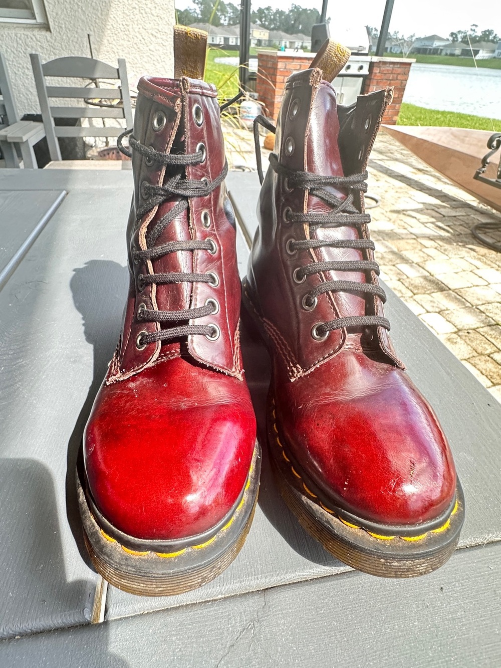 Dr Martens Vegan Cherry Red Boots Womens Size 7 Lace Up Smooth Leather Finish